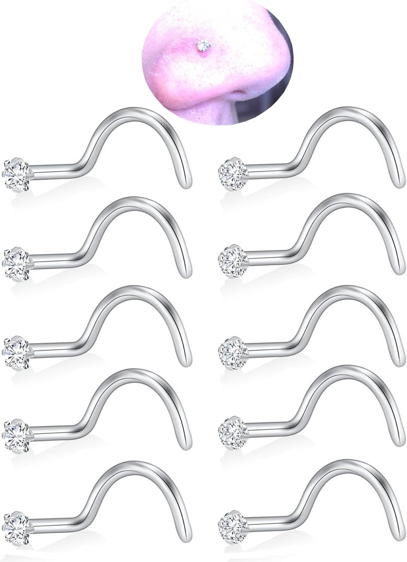 XoCiuKe 10Pcs 20G Nose Rings Studs for Women Corkscrew Sliver Nose Studs Hypoallergenic Nose Rings 316L Surgical Stainless Steel Nose Nostril Percing Jewely for Women Men Round Square CZ Imitation Diamond 1.5mm/2.0mm/2.5mm/3.0mm - Image 1